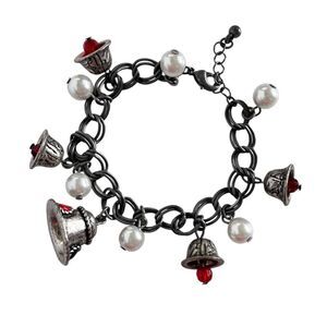 Vintage Silver Bells Faux Pearl Charm Bracelet